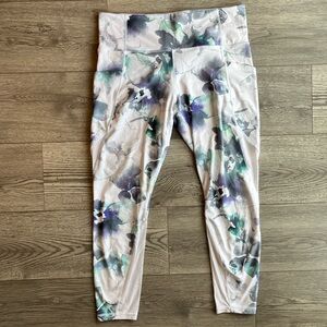 Athleta Women’s Crop Legging Floral Watercolor Mesh Paneling Side Pockets Size L